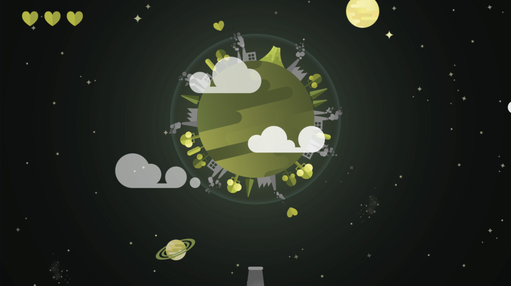 Flat Design Illustration eines Planeten mit Bäumen, Fabriken und einem Vulkan. Im Vordergrund ein paar Wolken und drei Herzen in der linken Ecke.