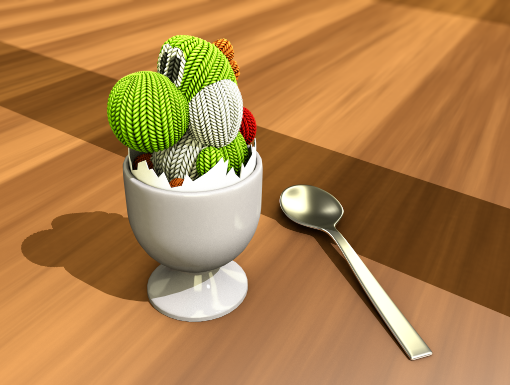 3D Render: Yoshi sitzt in einer offenen Eierschale in einem Eierbecher. Daneben liegt ein Löffel.